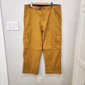 Prana Stretch Zion Convertible Pants Mens XXL 38x30 Mustard Yellow Hiking Nylon
